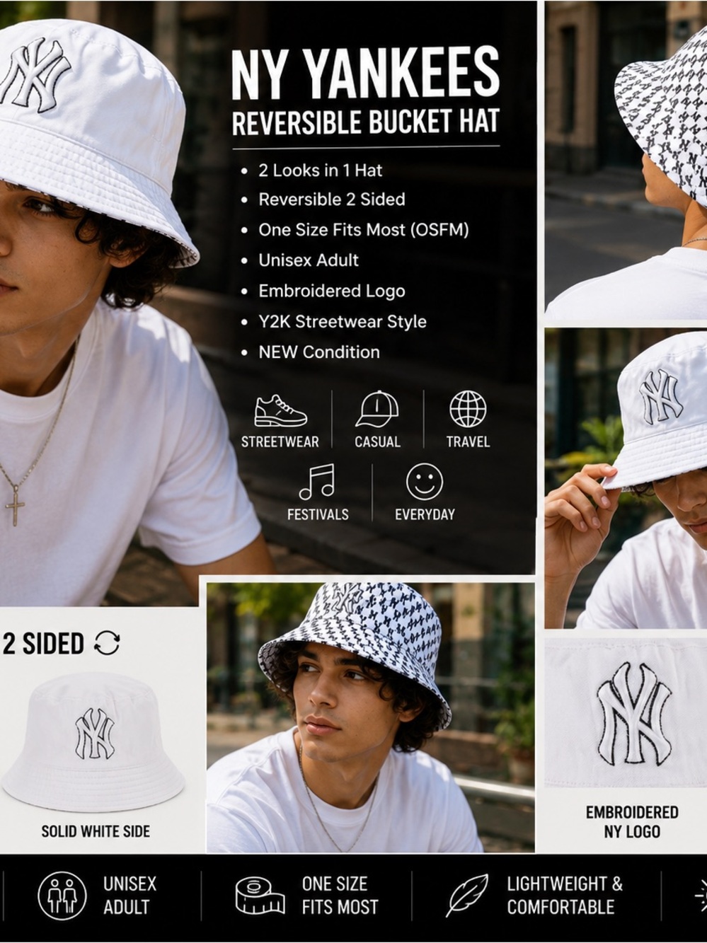 New York Yankees Reversible Bucket Hat White Monogram Logo Y2K Streetwear Unisex
